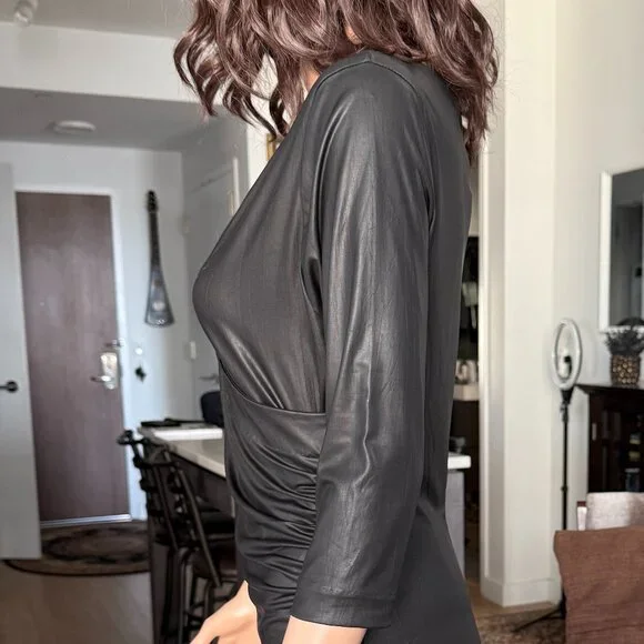 BETSEY JOHNSON | Black Vegan Liquid Leather Wrap Dress | Deep V Plunge | NWT | L - Picture 3 of 11